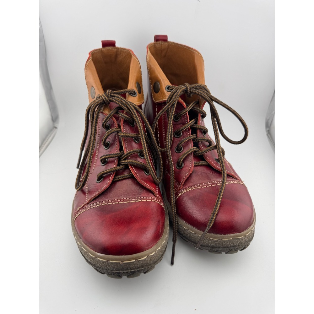 V Italia Red Leather Lace Up Ankle Boots Cap Toe Stitch Detail Womens 38 Italy‎